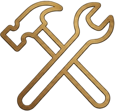 Ícone de ferramentas douradas, um martelo e uma chave inglesa cruzados.