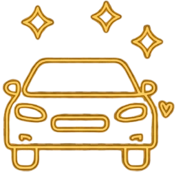 Ícone dourado de um carro com estrelas brilhantes ao redor.
