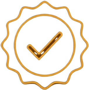 Selo de garantia dourado com um símbolo de verificação no centro.